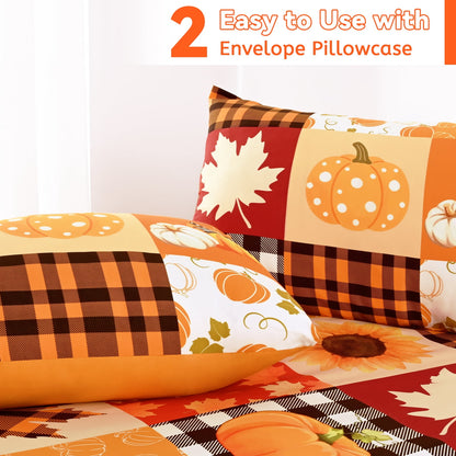 Bleum Cade 3 Piece Fall Duvet Cover Set King Size,Thanksgiving Pumpkin Maple Leaves Patchwork Lightweight Comforter Cover Set,Soft Cozy Bedding Cover for Home Decor(90"x 104")