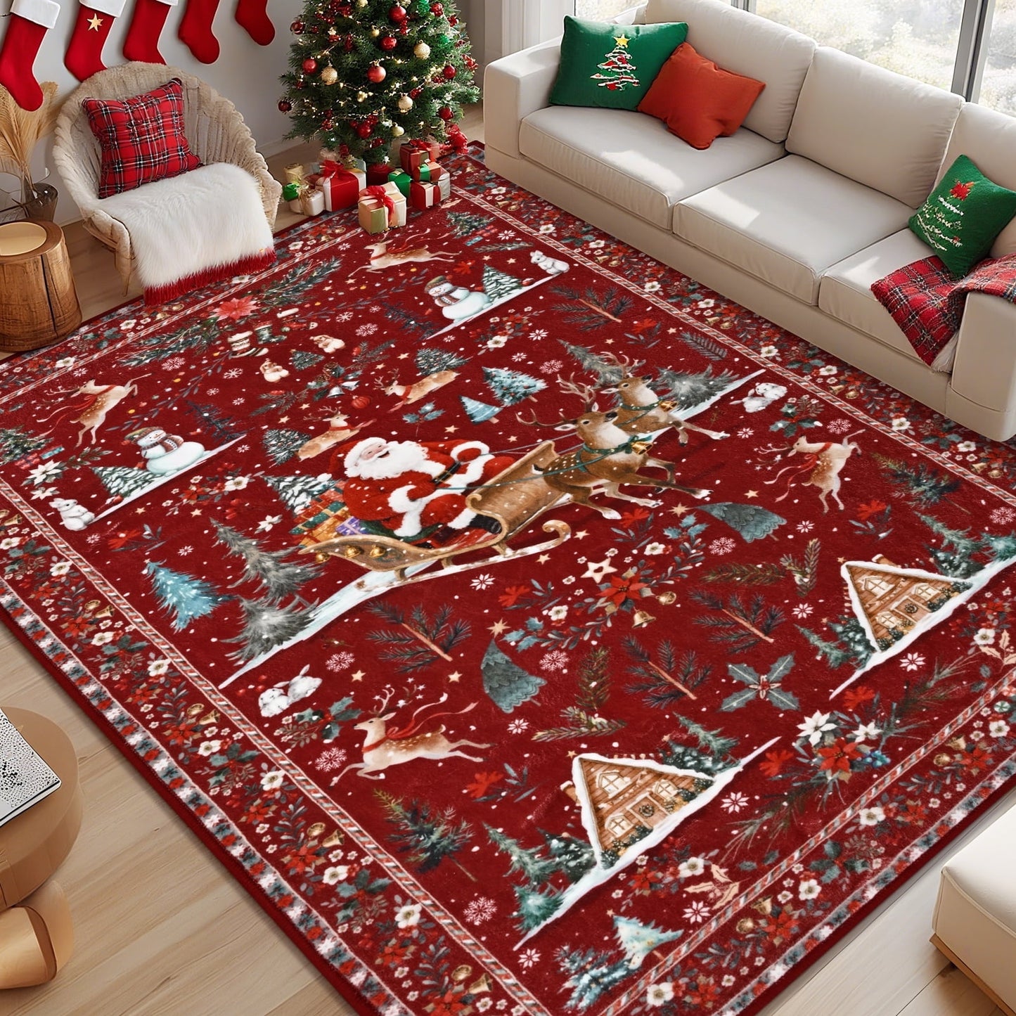 Bleum Cade Christmas Rugs for Living Room 5x7 Area Rug,Christmas Santa Washable Rugs for Bedroom,Soft Faux Wool Non Slip Bedroom Rugs,Winter Red Large Carpet for Dining Room,Christmas Decorations