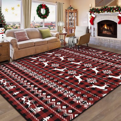 BLEUM CADE Christmas Area Rugs 8x10, Buffalo Plaid Rugs for Living Room, Red Reindeer Washable Rug Low Pile, Snowflake Bedroom Rug Non Slip, Soft Faux Wool Throw Carpet for Christmas Decorations