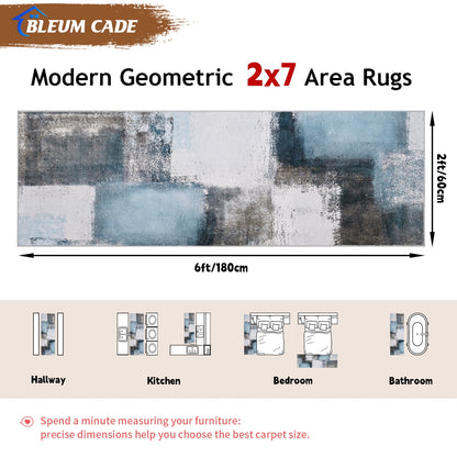 Bleum Cade Modern Abstract Patchwork Indoor Runner Rug for Living Room, 2'x 6' Rug, Throw Carpet for Office Entryway Dining Room,Blue