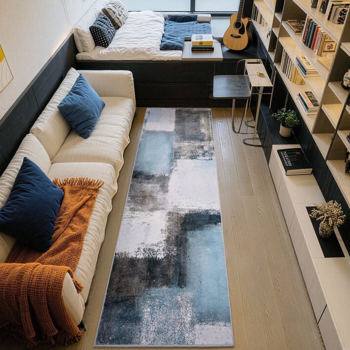 Bleum Cade Modern Abstract Patchwork Indoor Runner Rug for Living Room, 2'x 6' Rug, Throw Carpet for Office Entryway Dining Room,Blue
