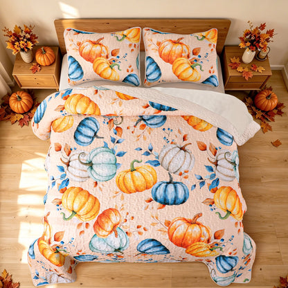 Bleum Cade Fall Quilt Set 3 Pieces King Size, Thanksgiving Blue & Yellow Pumpkins Bedding Set,Soft Lightweight Coverlet Set for King Bed,(Off-white,90"x 104")