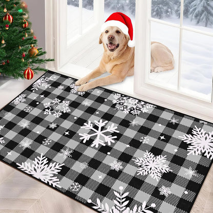 Bleum Cade Christmas Snowflake Area Rugs 2x3 Entryway Rug, Grey Buffalo Plaid Non Slip Washable Door Mat,Outdoor Indoor Welcome Mat for Entrance,Christmas Decorations