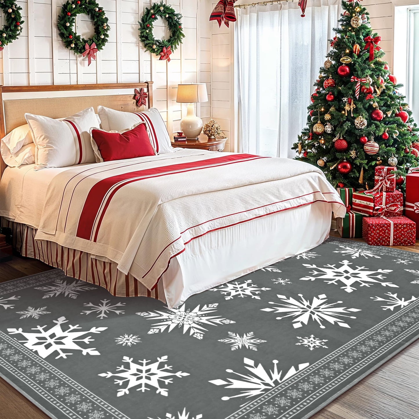 Bleum Cade Christmas Snowflake 5'x7' Area Rugs for Living Room,Gray Washable Rugs for Bedroom Dinning Room,Soft Low Pile Rug,Non Slip Durable Large Carpet for Christmas Decorations