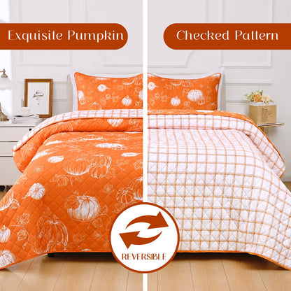 BLEUM CADE 3 Pieces Fall Quilt Set Queen Size, Thanksgiving Reversible Bedding Set Pumpkins Quilt Set, Soft Lightweight Bedspread Coverlet Set Queen