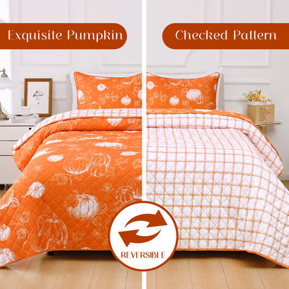 BLEUM CADE 3 Pieces Fall Quilt Set Queen Size, Thanksgiving Reversible Bedding Set Pumpkins Quilt Set, Soft Lightweight Bedspread Coverlet Set Queen