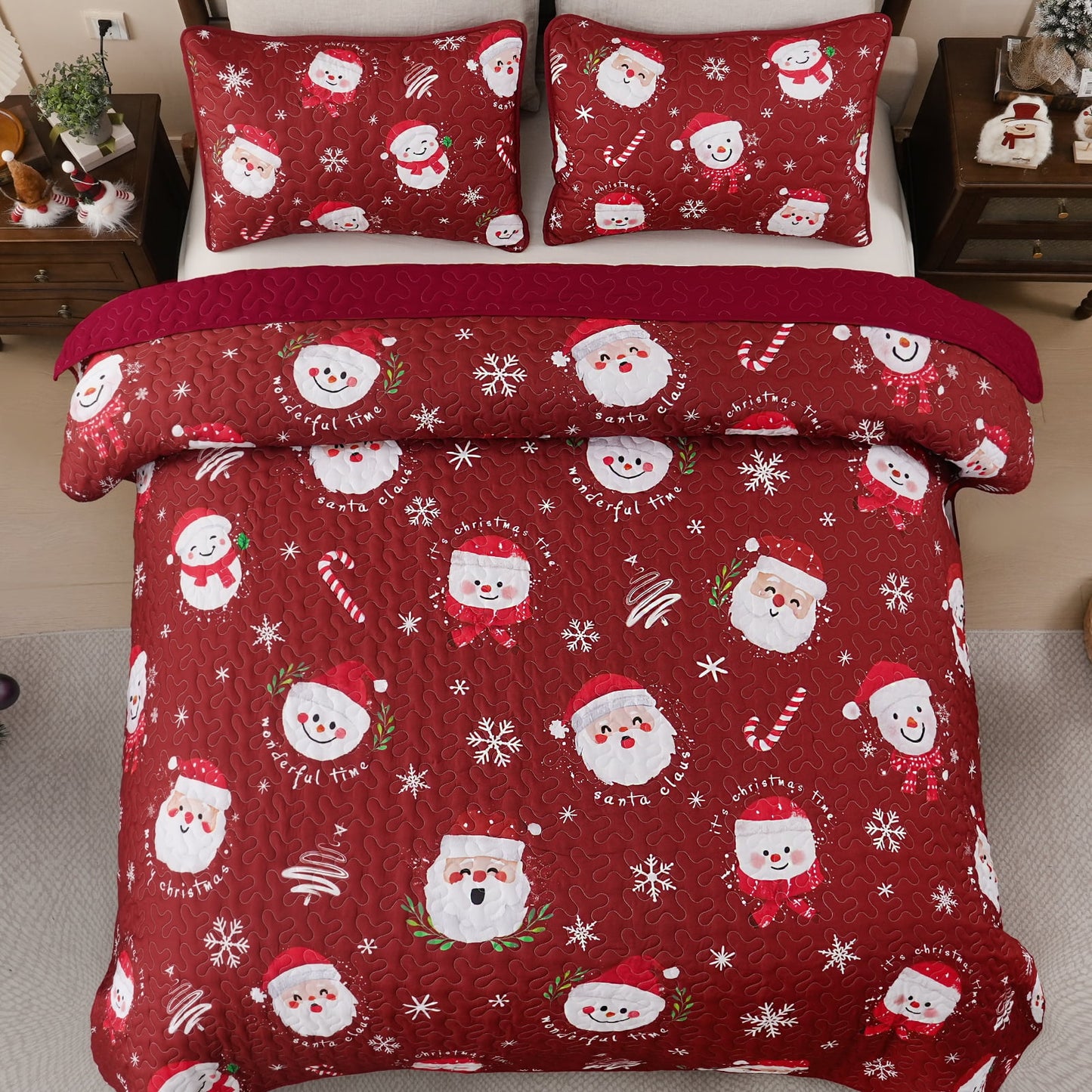BLEUM CADE Christmas Quilts Queen Size 3 Piece, Santa Claus & Snowflake Quilt Bedding Set, Christmas Decor Soft Lightweight Bedspread Coverlet Set (1 Quilt, 2 Pillow Cases)