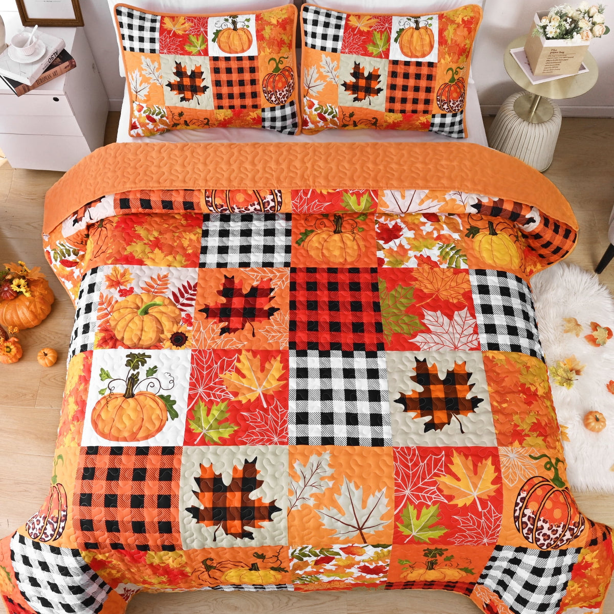 BLEUM CADE 3 Pieces Fall Quilt Set King Size, Thanksgiving Pumpkin Maple Leaves Plaid Bedding Set , Soft Lightweight Bedspread Coverlet Set King