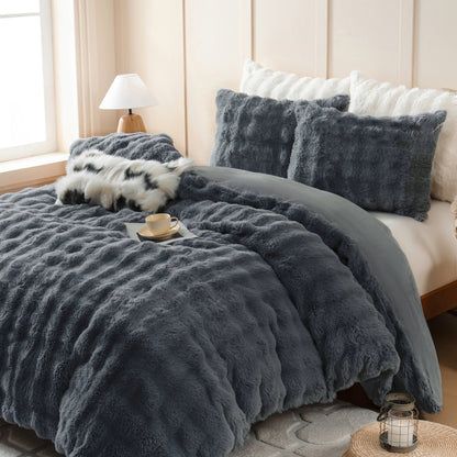 BLEUM CADE Fluffy Comforter Set Twin Size,Faux Fur Luxury Fuzzy Bedding Sets Gray,Shaggy Plush Duvet Cover Set with 2 Pillowcases
