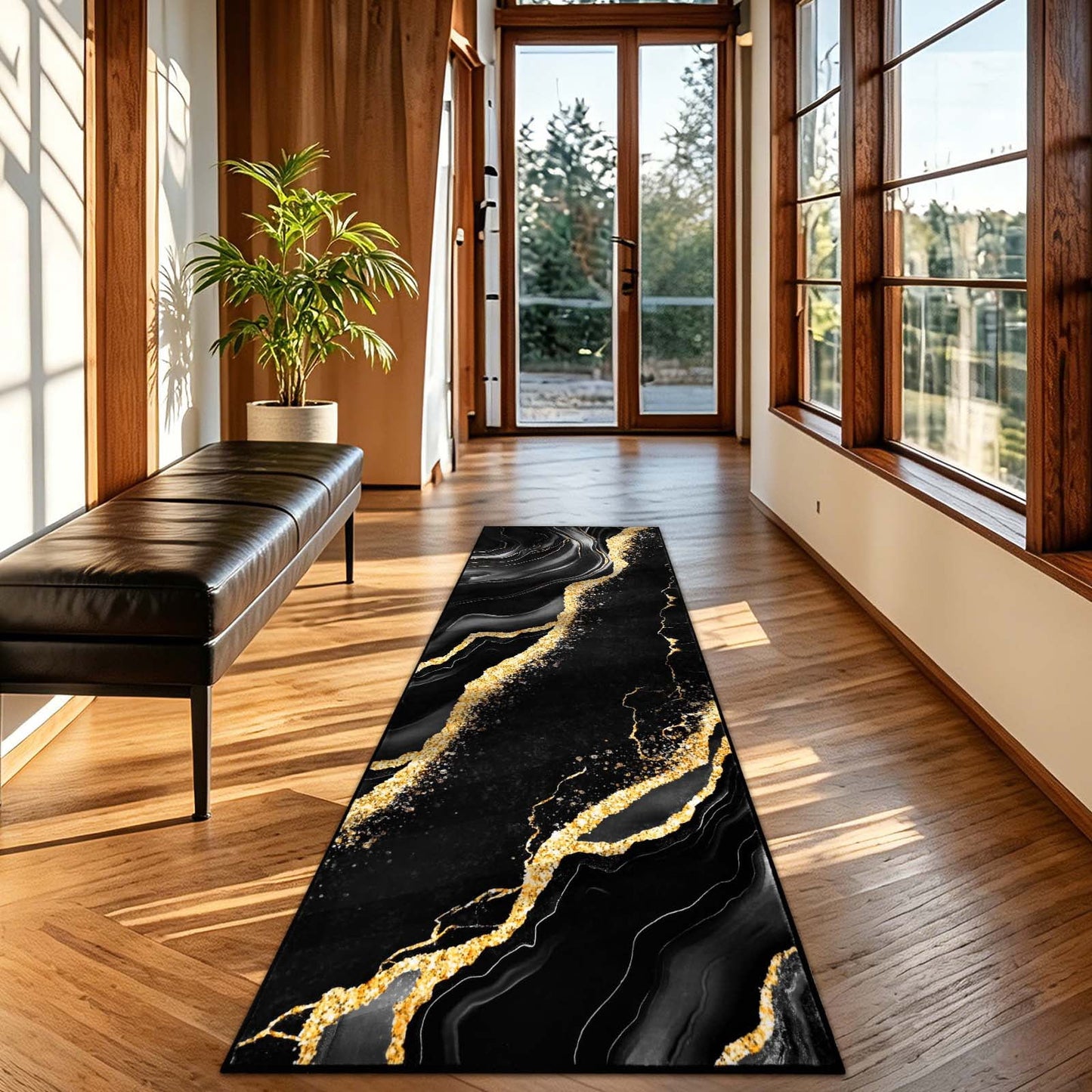 Bleum Cade 2x6 Runner Rugs for Hallways Kitchen Modern Abstract Washable Rug Soft Non Slip Black Gold Marble Indoor Carpet for Laundry Entryway Bedroom Bathroom