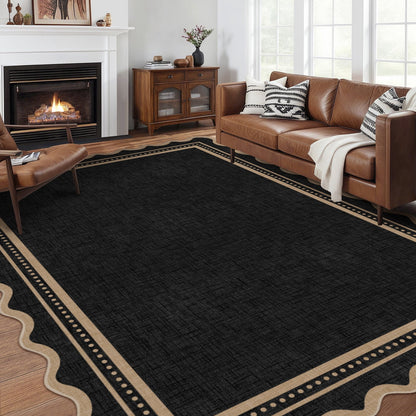 Bleum Cade Washable 8'x 10' Area Rugs for Living Room,Scalloped Solid Black Non Slip Rugs for Bedroom Dinning Room,Ultra Soft Stain‑Resistant Large Carpet for High Traffic Areas