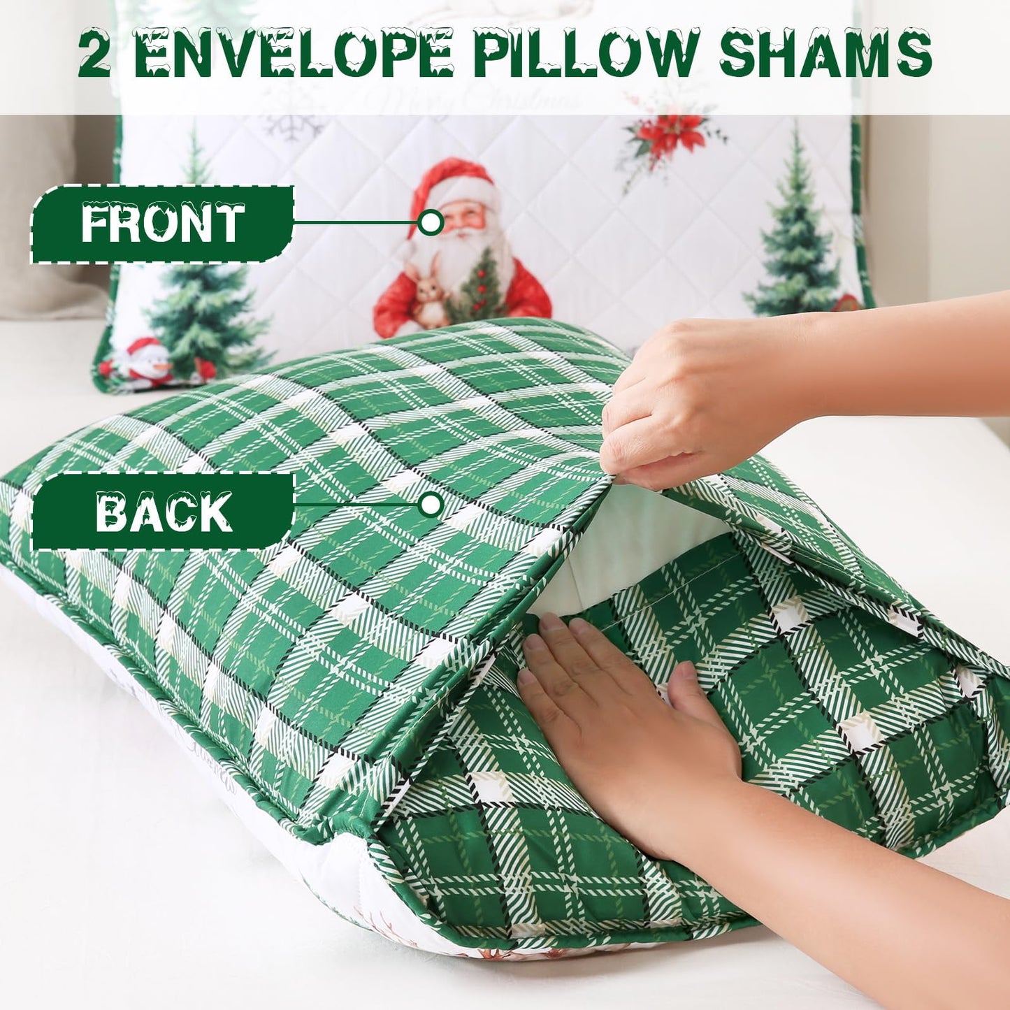 BLEUM CADE 3 Pieces Christmas Quilts Sets Queen Size, Christmas Tree Quilt Bedding Set, Reversible Green Buffalo Plaid Comforter Sets, Santa Claus Soft Lightweight Xmas Bedspread Coverlet, 90"x90"