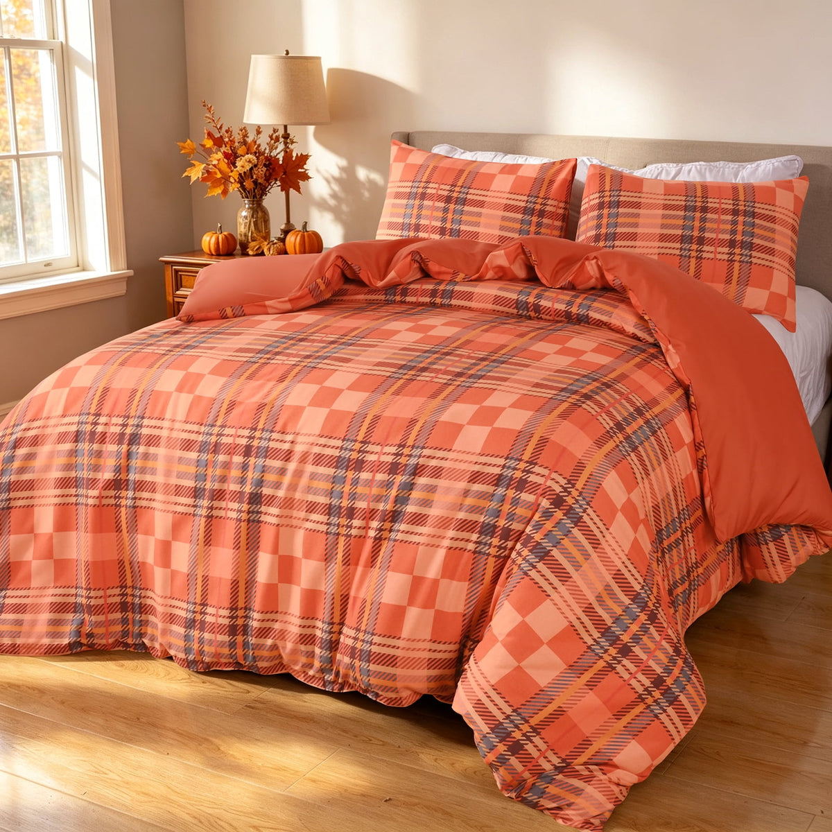 Bleum Cade 3 Piece Fall Duvet Cover Set Queen Size,Thanksgiving Buffalo Plaid Lightweight Comforter Cover Set,Ultra Soft Breathable Bedding Cover for Autumn Decor (Orange,90"x 90")