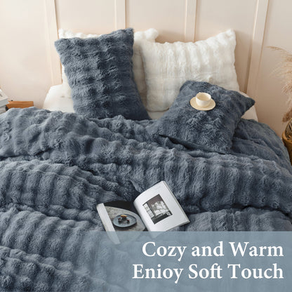 BLEUM CADE Fluffy Comforter Set Queen Size,Faux Fur Luxury Fuzzy Bedding Sets Gray,Shaggy Plush Duvet Cover Set with 2 Pillowcases