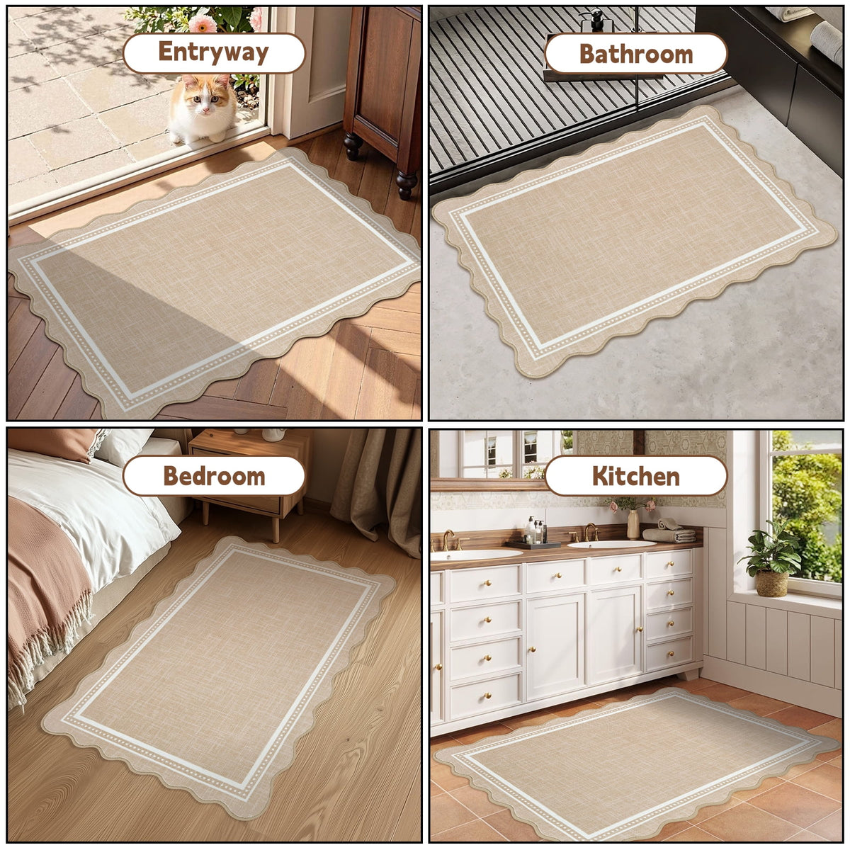 Bleum Cade Scalloped Modern Area Rugs 2'x 3' Entryway Rug, Solid Khaki Washable Non Slip Door Mat Indoor Outdoor Welcome Mat for Bathroom,Laundry,Kitchen