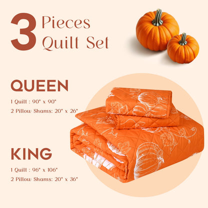 BLEUM CADE 3 Pieces Fall Quilt Set Queen Size, Thanksgiving Reversible Bedding Set Pumpkins Quilt Set, Soft Lightweight Bedspread Coverlet Set Queen