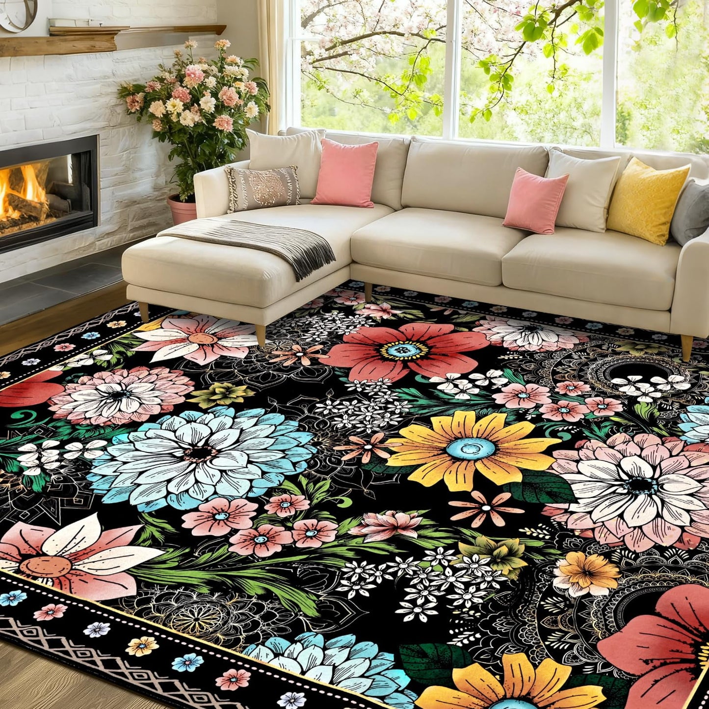 Bleum Cade Floral Area Rug for Living Room 5x7, Boho Washable Rug, Soft Faux Wool Indoor Rug Carpet for Living Room Bedroom, Black