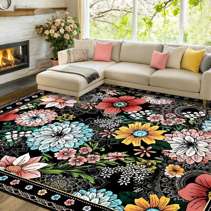 Bleum Cade Floral Area Rugs for Living Room 8x10, Boho Washable Rug, Soft Faux Wool Indoor Rug Carpet for Living Room Bedroom, Black