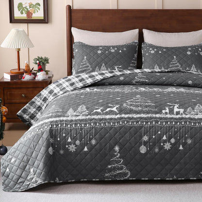 BLEUM CADE Christmas Quilt Set King Size, 3 Pieces Christmas Trees Reversible Quilt Bedding Set,Snowflakes Soft Lightweight Bedspread Coverlet Set (1 Quilt, 2 Pillow Shams)