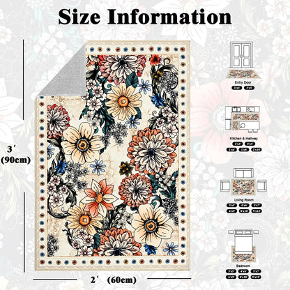Bleum Cade Door Mat Indoor Entrance 2x3,Boho Floral Area Rug, Washable Rug for Entryway, Soft Faux Wool Non Slip Entryway Rugs Low Pile Throw Rugs for Kitchen, Laundry, Entry, Kids Room,White