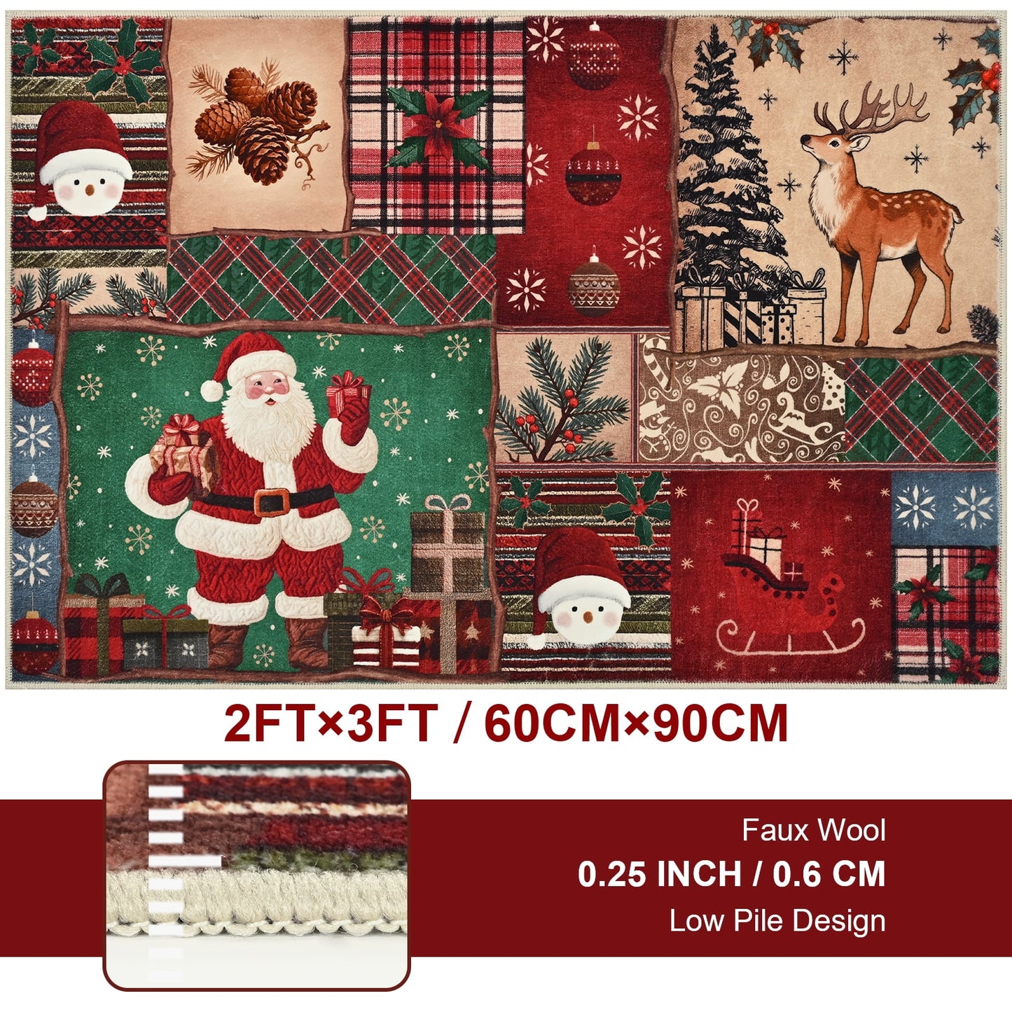 BLEUM CADE Christmas Area Rug 2x3 Washable Rug Non Slip, Santa Claus Door Mat Outdoor Indoor, Soft Faux Wool Patchwork Entryway Rugs Low Pile for Entrance, Christmas Decorations