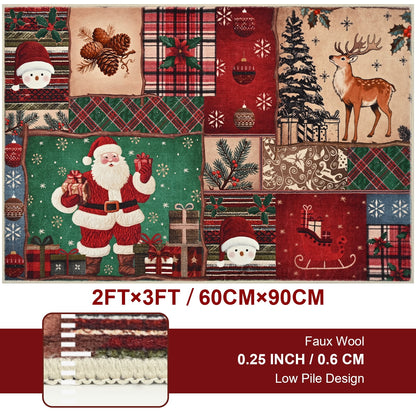 BLEUM CADE Christmas Area Rug 2x3 Washable Rug Non Slip, Santa Claus Door Mat Outdoor Indoor, Soft Faux Wool Patchwork Entryway Rugs Low Pile for Entrance, Christmas Decorations