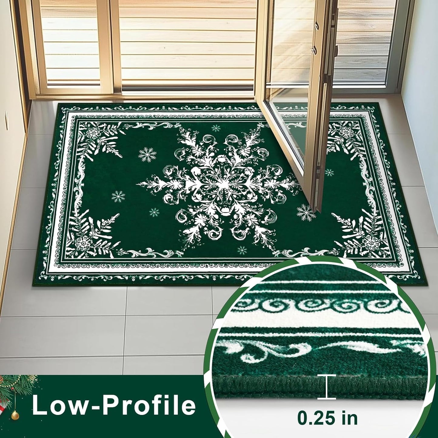 BLEUM CADE Christmas Snowflake Area Rugs 2x3 Door Mat, Non Slip Washable Entryway Rug Outdoor Indoor Welcome Mat for Entrance,Christmas Decorations,Green