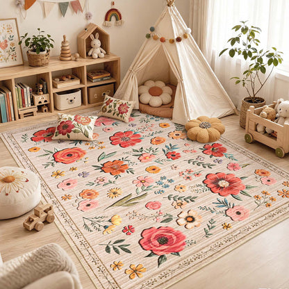 Bleum Cade 5'x7' Boho Floral Area Rugs for Living Room, Machine Washable Rug for Bedroom, Non Slip Low Pile Ultra Soft Faux Wool Rug Indoor Carpet for Dining Room
