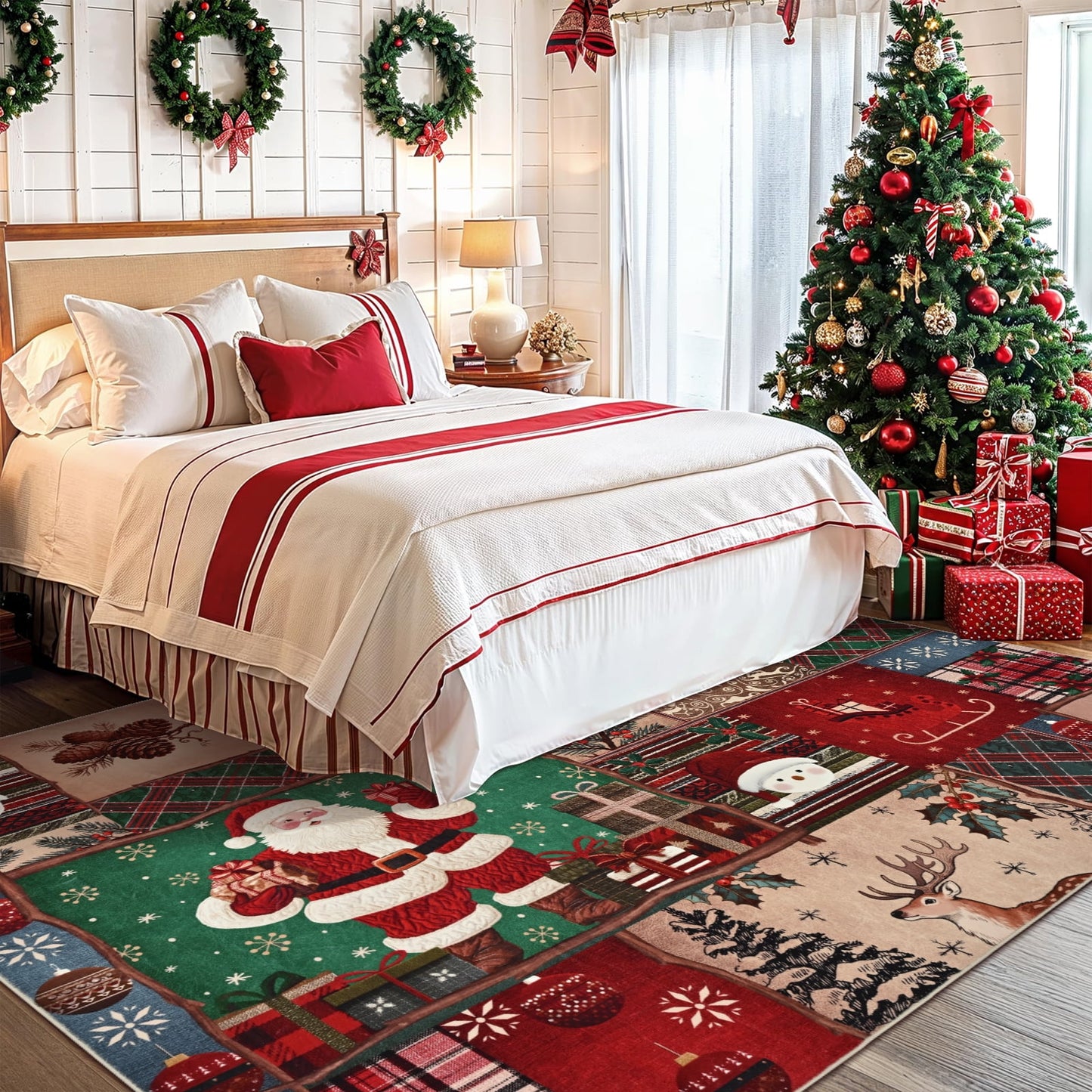 BLEUM CADE Christmas 3x5 Area Rugs for Living Room,Santa Claus Spliced Pattern Low Pile Washable Non Slip Rug Carpet Xmas Decor