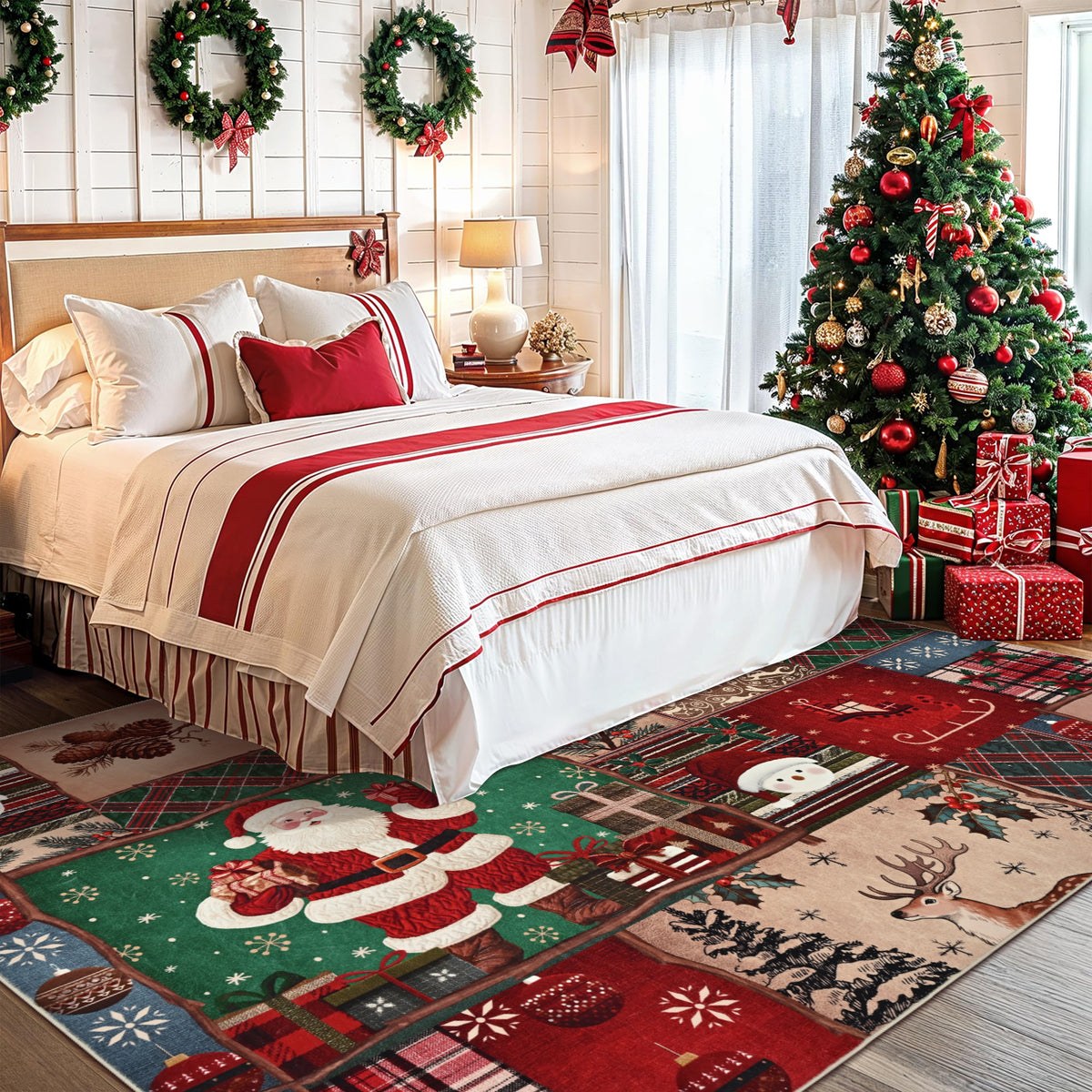 BLEUM CADE Christmas Rug for Bedroom 8x10, Santa Claus Washable Rug for Living Room Non Slip, Large Throw Carpet for Dining Room,Christmas Decorations