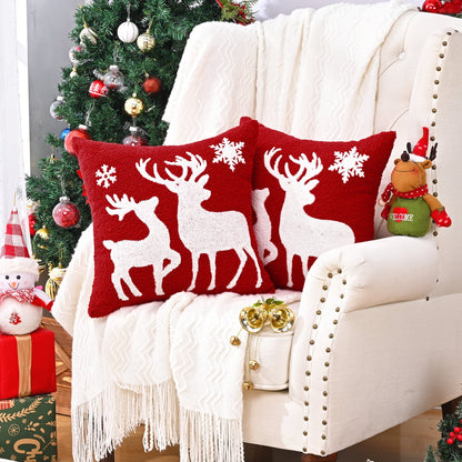 BLEUM CADE Christmas Throw Pillow Covers Set of 2,Teddy Fleece Xmas Red Soft Fleece Pillowcase with Christmas Elk Pattern,18 x 18 inches