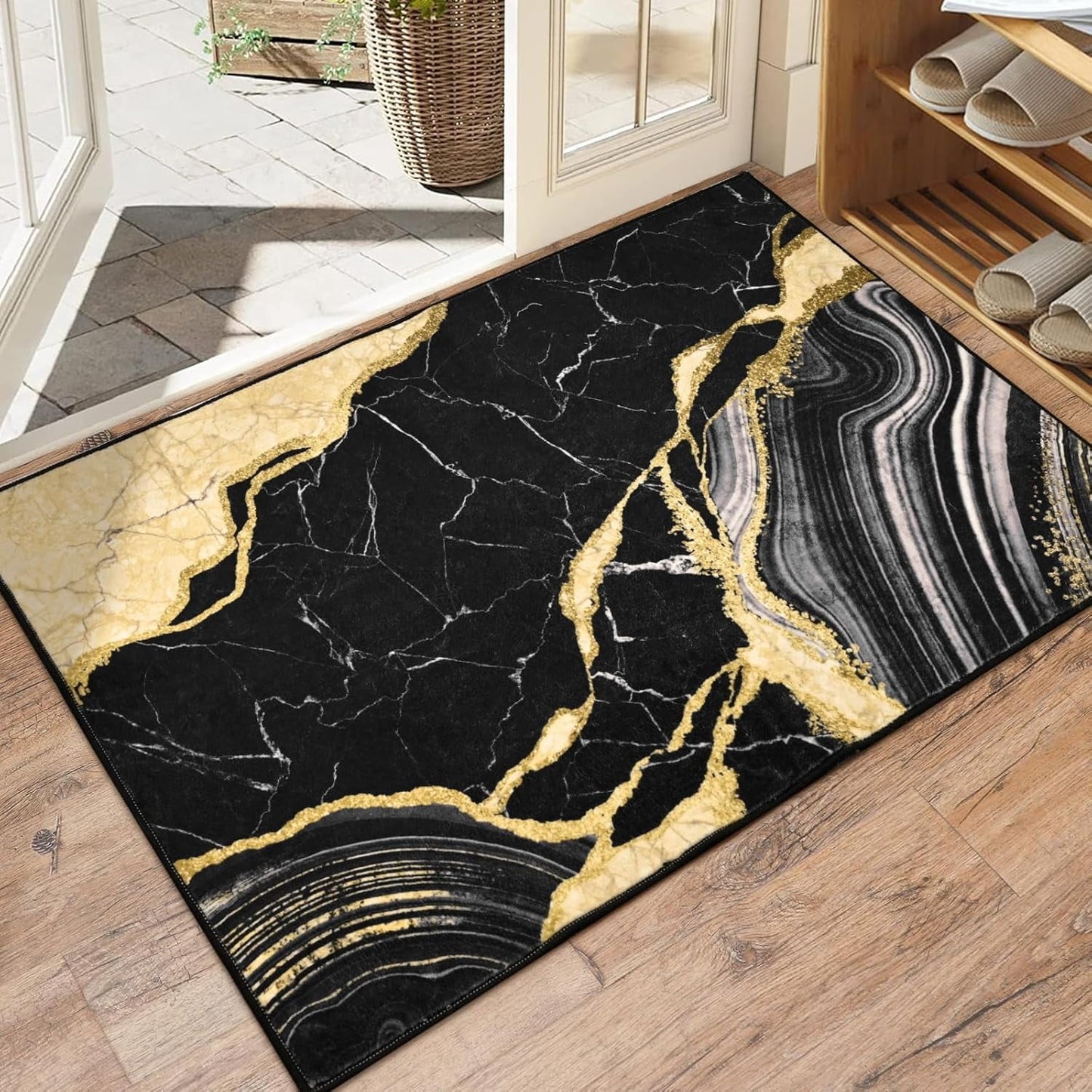 Bleum Cade Area Rugs for Doormat 2X3,Marble Swirl Abstract Rugs, Machine Washable Foldable Non Slip Outdoor Indoor Welcome Mat,Black Gold
