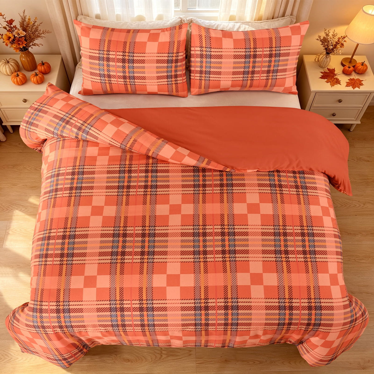 Bleum Cade 3 Piece Fall Duvet Cover Set Queen Size,Thanksgiving Buffalo Plaid Lightweight Comforter Cover Set,Ultra Soft Breathable Bedding Cover for Autumn Decor (Orange,90"x 90")
