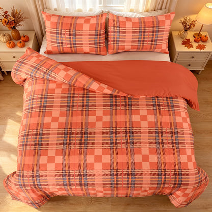Bleum Cade 3 Piece Fall Duvet Cover Set Queen Size,Thanksgiving Buffalo Plaid Lightweight Comforter Cover Set,Ultra Soft Breathable Bedding Cover for Autumn Decor (Orange,90"x 90")