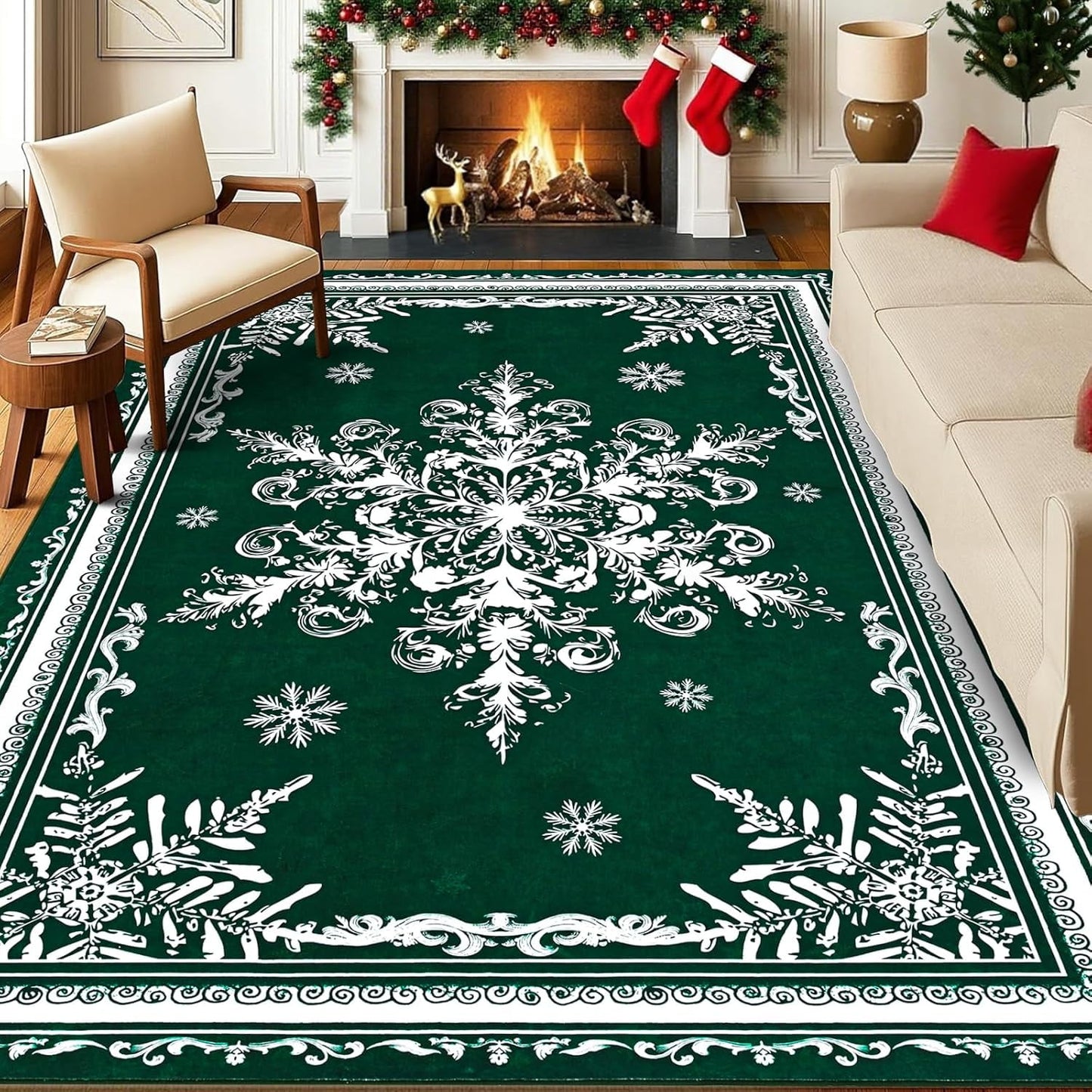 BLEUM CADE Christmas Snowflake 5'x7' Area Rugs for Living Room, Washable Rugs for Bedroom Dinning Room,Ultra Soft Non Slip Durable Large Carpet Christmas Decorations,Green