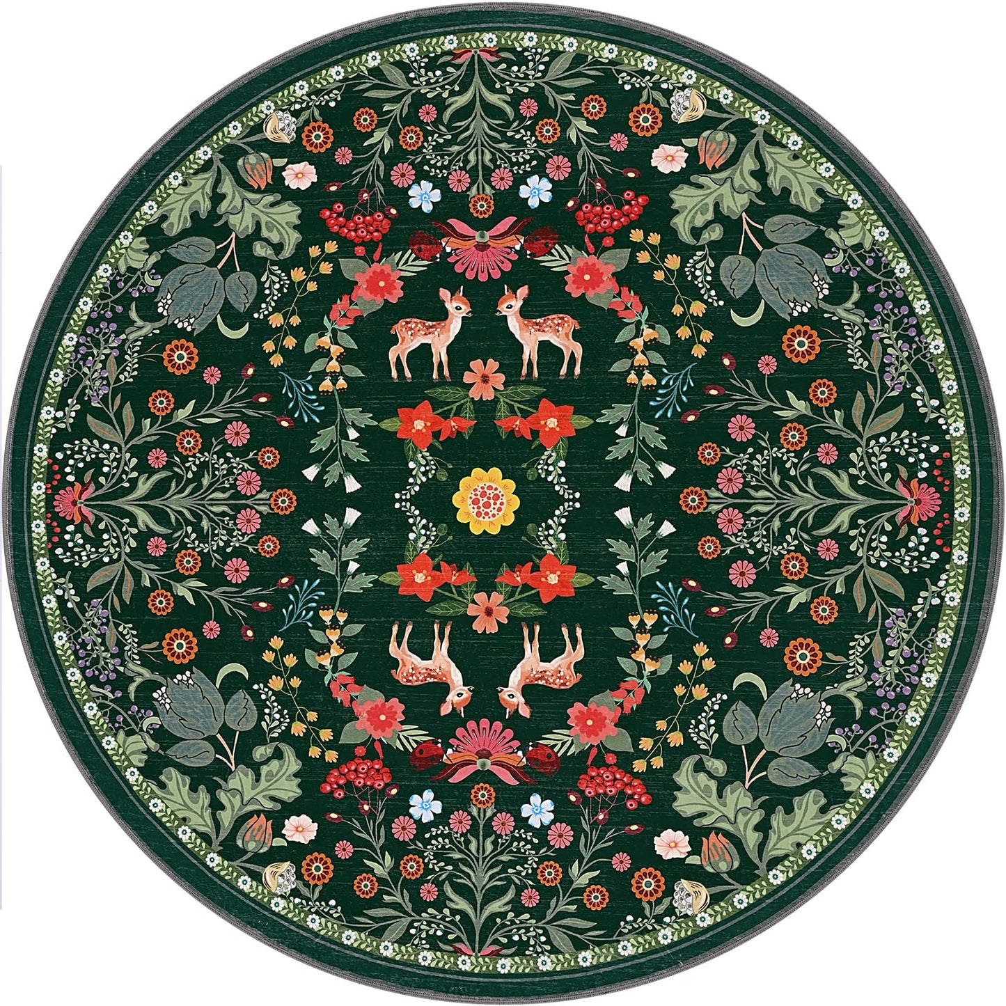 Bleum Cade Round Rugs 6ft Floral Area Rug for Living Room Green Washable Rug Non Slip Soft Low Pile Faux Wool Botanical Throw Rugs for Bedroom, Dining Room, Nursery, Home Decor