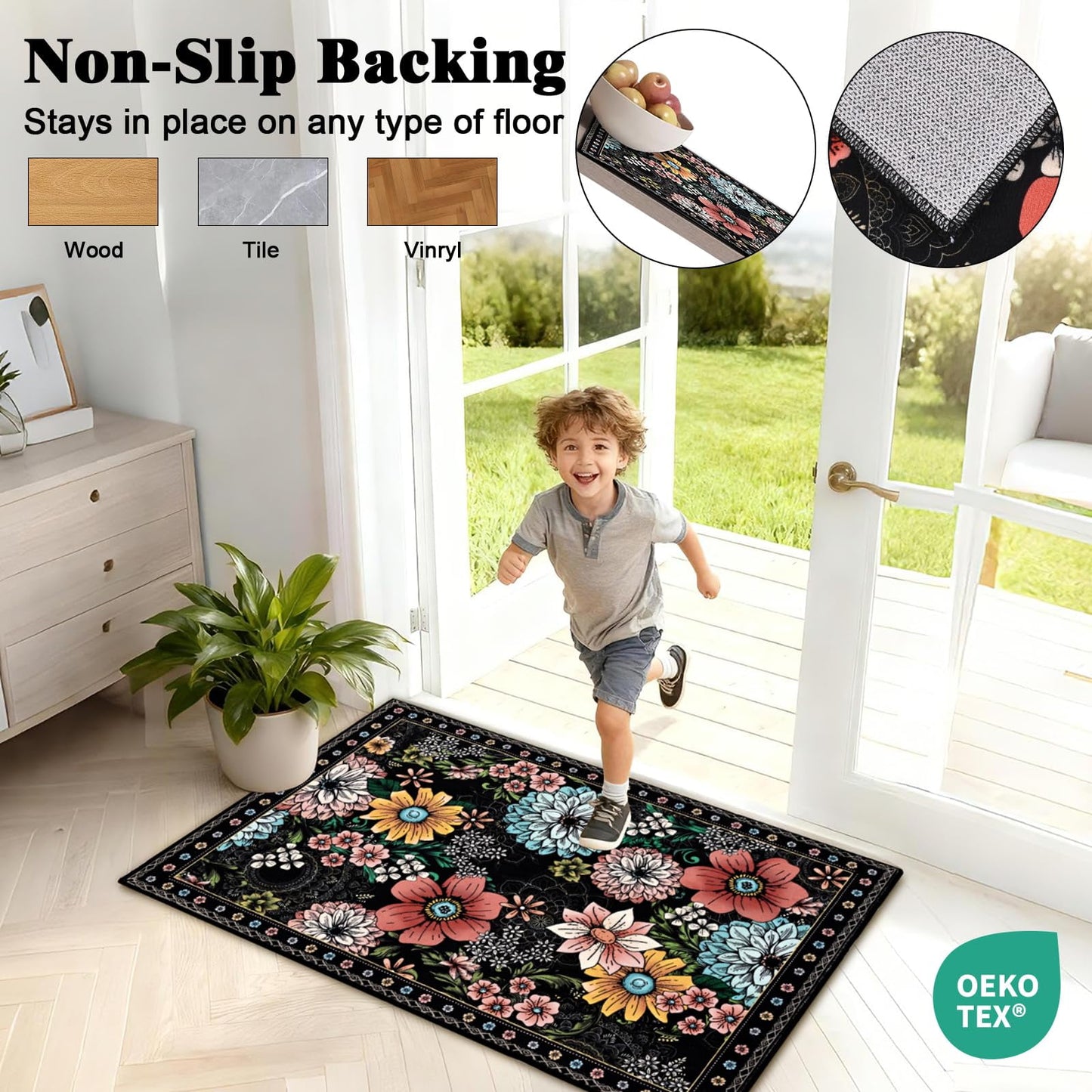 Bleum Cade Door Mat Indoor Entrance 2x3,Boho Floral Area Rug, Washable Rug for Entryway, Soft Faux Wool Indoor Throw Rugs for Kitchen, Laundry, Entry, Black