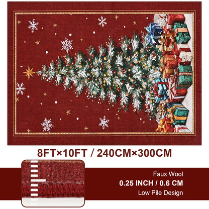 BLEUM CADE 8'x10' Christmas Tree Area Rugs for Living Room, Winter Red Washable Rugs for Bedroom Dinning Room, Ultra Soft Non Slip Durable Large Carpet Christmas Decorations