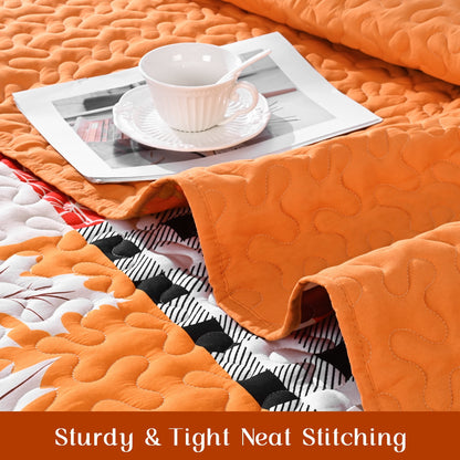 BLEUM CADE 3 Pieces Fall Quilt Set King Size, Thanksgiving Pumpkin Maple Leaves Plaid Bedding Set , Soft Lightweight Bedspread Coverlet Set King