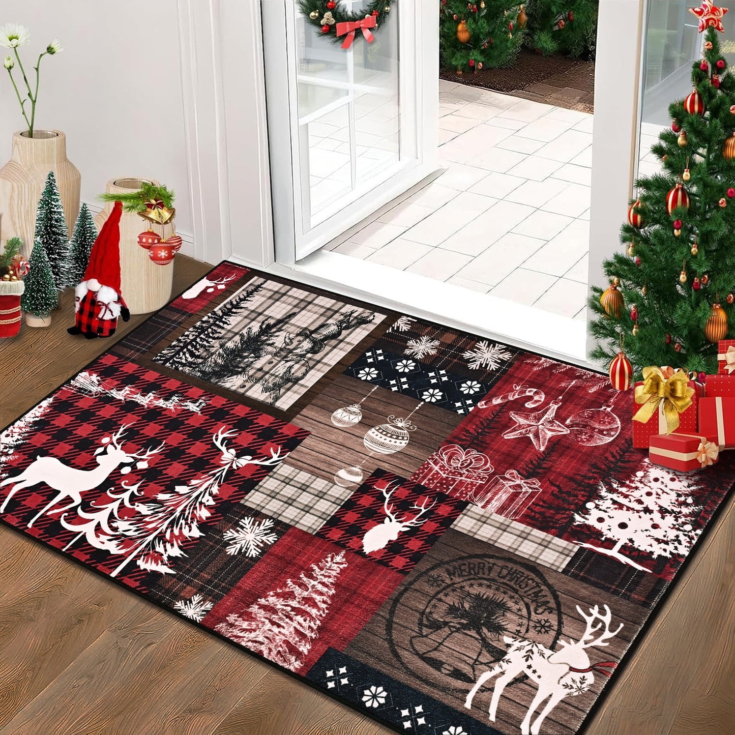 Bleum Cade Christmas Area Rugs 2x3 Entryway Rug,Christmas Tree Non Slip Washable Door Mat Outdoor Indoor Xmas Elk Welcome Mat for Entrance
