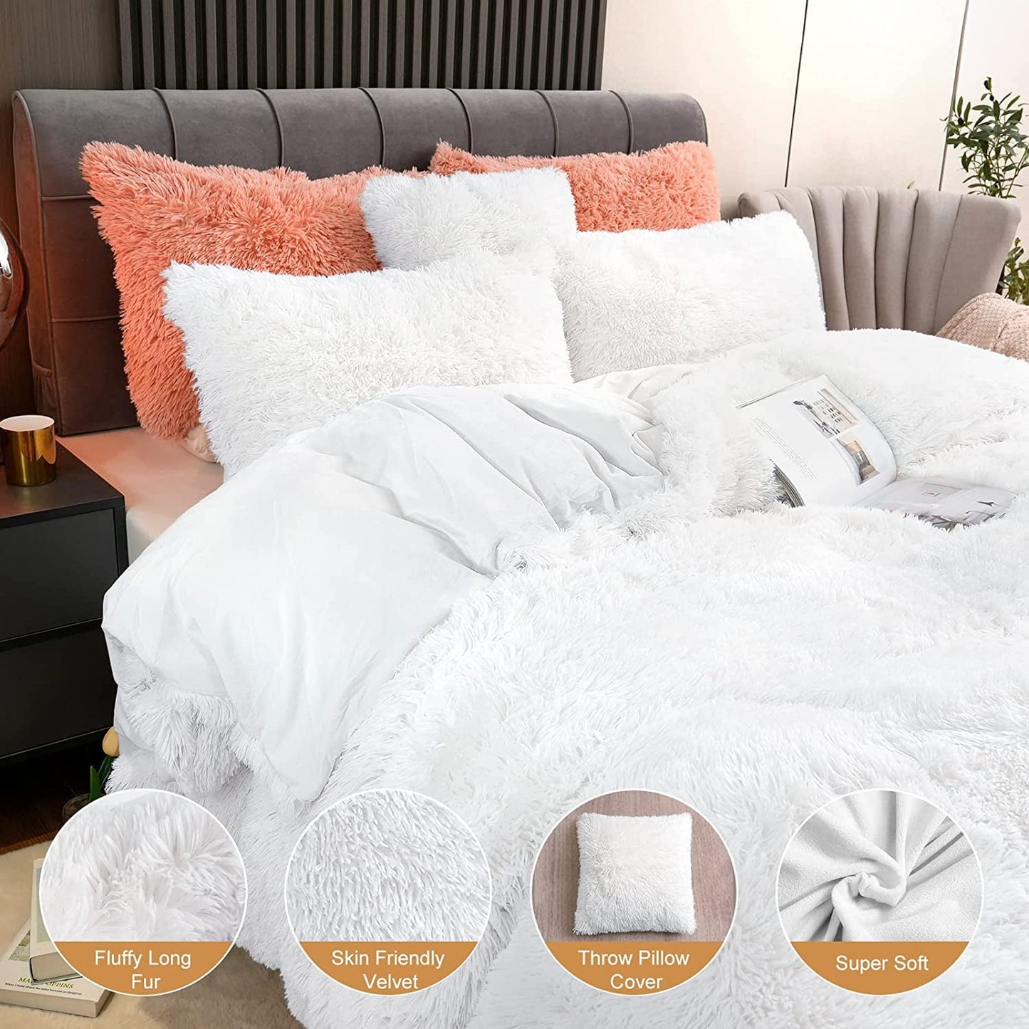 BLEUM CADE Luxury Fluffy Fuzzy Queen Bedding Comforter Set,3 Pieces Shaggy Duvet Cover Set,Furry Plush Velvet Comforter Cover with Zip Closure,White