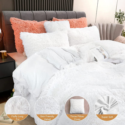 BLEUM CADE Luxury Fluffy Fuzzy Queen Bedding Comforter Set,3 Pieces Shaggy Duvet Cover Set,Furry Plush Velvet Comforter Cover with Zip Closure,White