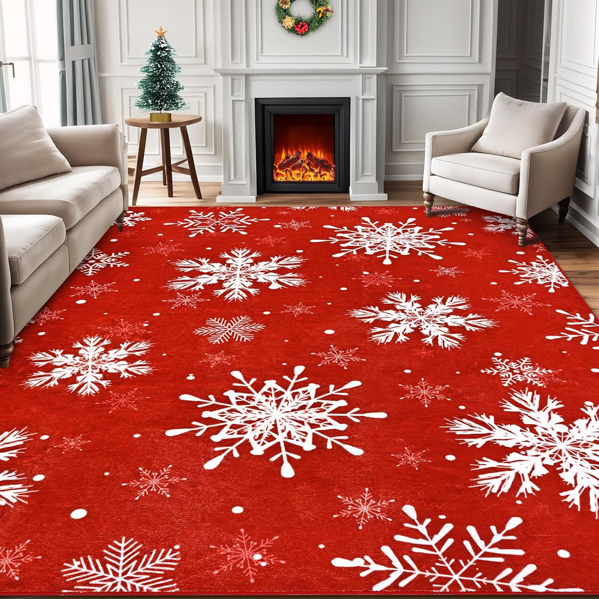 BLEUM CADE Christmas Snowflake 8x10 ft Area Rug,Non-slip Machine Washable Area Rug for Living Room Bedroom,Xmas Decor Mat for Home