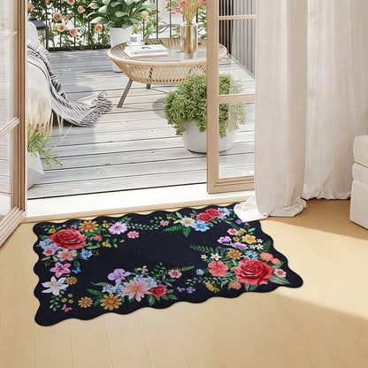 BLEUM CADE Spring Door Mat Low Profile Welcome Mat,Non Slip Rubber Backing Outside Door Mats Black Floral for Front Door,Patio,Entryway,18" x 30"