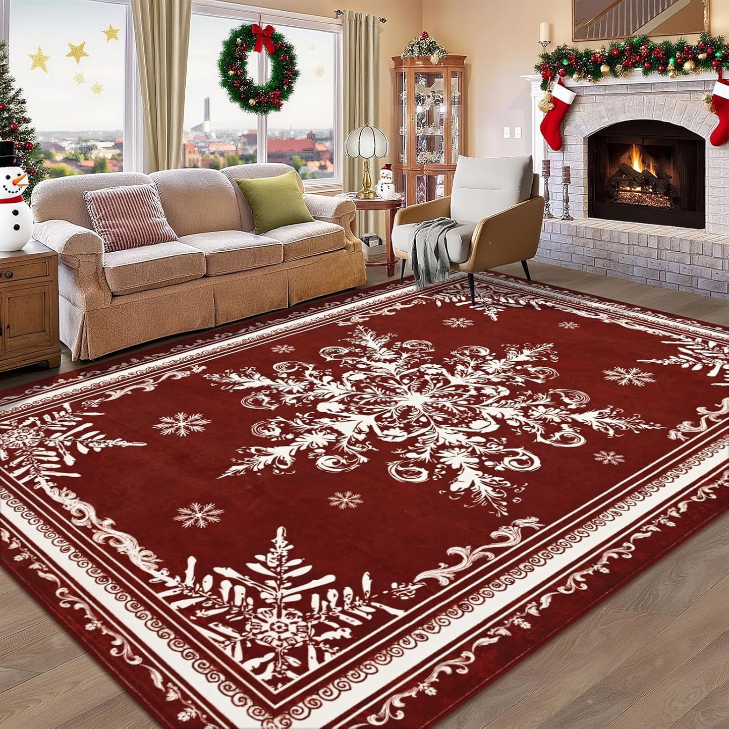 BLEUM CADE Christmas Snowflake Area Rugs 8'x10' for Living Room, Washable Rugs for Bedroom Dinning Room,Ultra Soft Non Slip Durable Large Carpet Christmas Decorations,Red