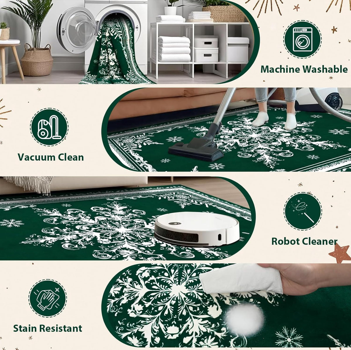 BLEUM CADE Christmas Snowflake Area Rugs 8'x10' for Living Room, Washable Rugs for Bedroom Dinning Room,Ultra Soft Non Slip Durable Large Carpet Christmas Decorations,Green