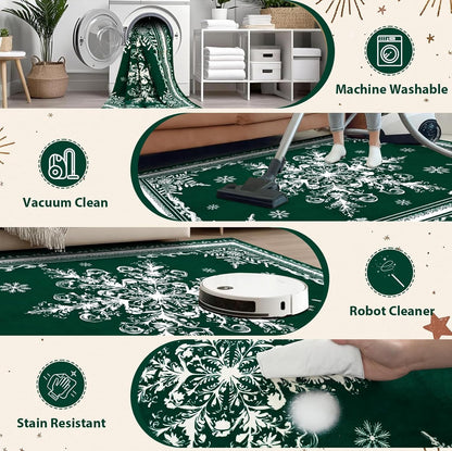 BLEUM CADE Christmas Snowflake Area Rugs 8'x10' for Living Room, Washable Rugs for Bedroom Dinning Room,Ultra Soft Non Slip Durable Large Carpet Christmas Decorations,Green