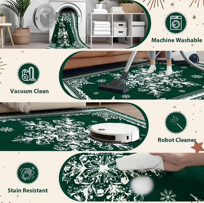 BLEUM CADE Christmas Snowflake 5'x7' Area Rugs for Living Room, Washable Rugs for Bedroom Dinning Room,Ultra Soft Non Slip Durable Large Carpet Christmas Decorations,Green