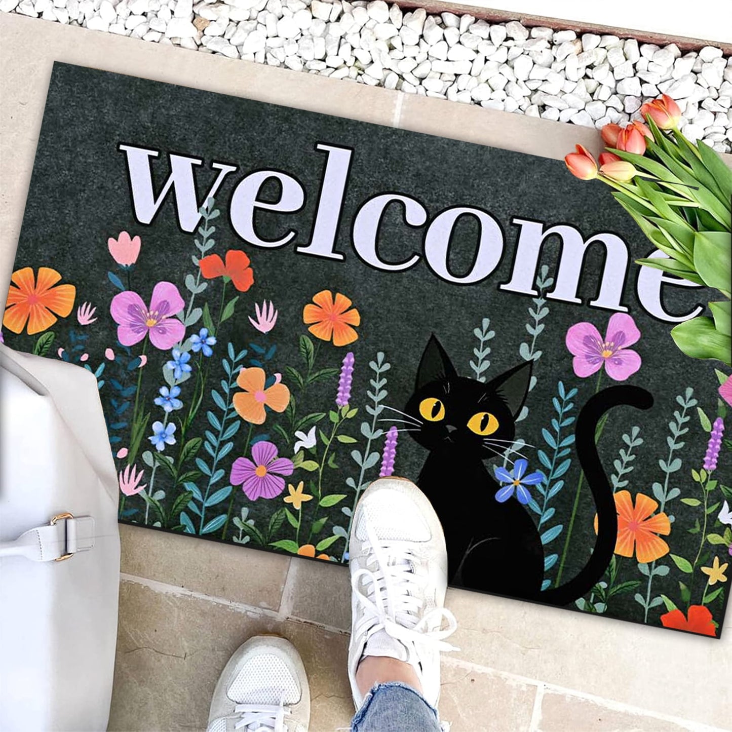 BLEUM CADE Black Cat Welcome Mat,Non Slip Low Profile Front Door Mat, Cat Floral Doormat for Front Door Porch Outdoor Patio,18" x 30"