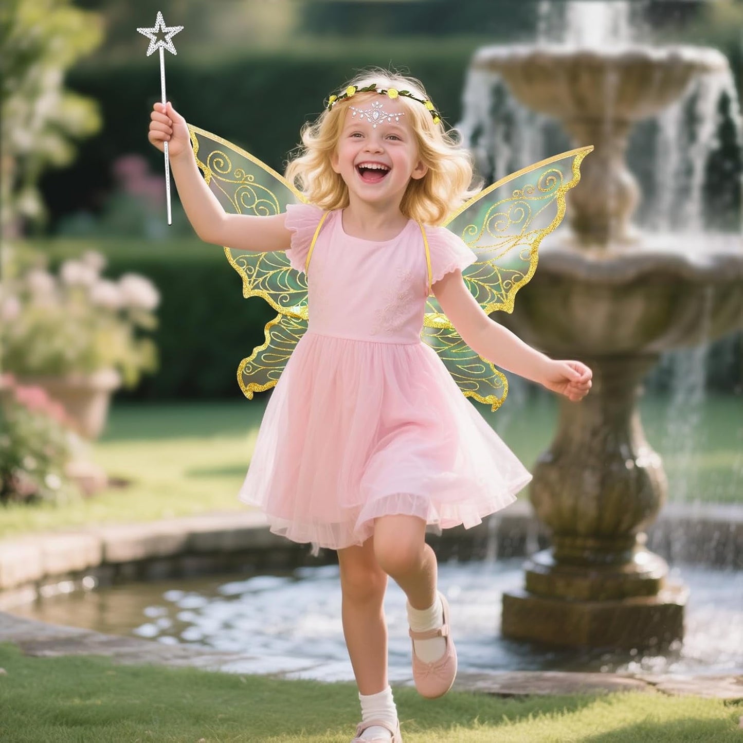BLEUM CADE Fairy Wings for Adults and Girls,Fairy Costume Set with Floral Garland, Wand & Elf Ears, Organza Butterfly Wings Ideal for Halloween,Cosplay,Party,Golden